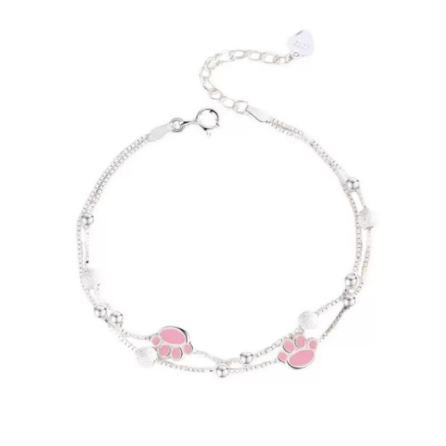 S925純銀粉萌貓爪手鏈女時尚簡約甜美百搭磨砂珠森系可愛手飾