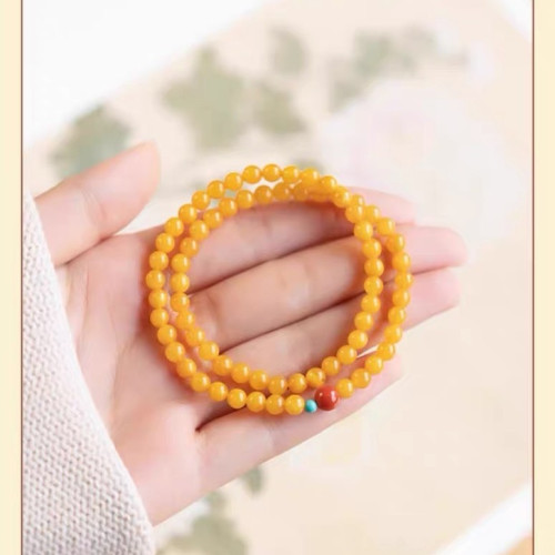 風禾天然蜜蠟手串手鏈女小米珠三圈疊代南紅綠松石輕奢高級感手鏈