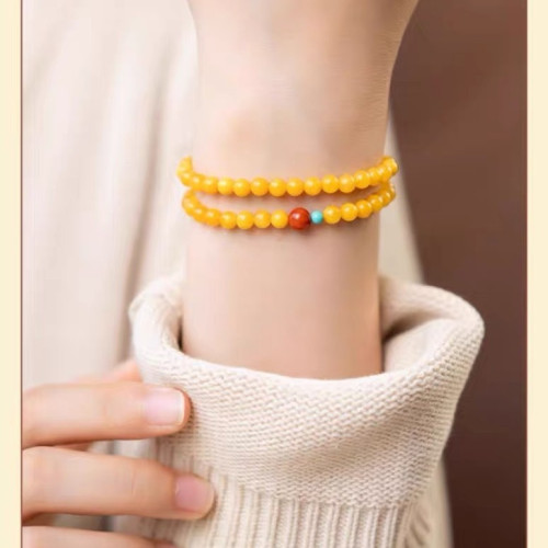 風禾天然蜜蠟手串手鏈女小米珠三圈疊代南紅綠松石輕奢高級感手鏈