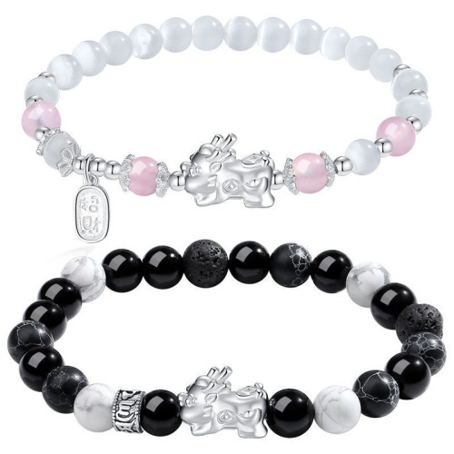 999足銀貔貅情侶手鏈一對情侶款男女白貓眼黑曜石手串生日禮物