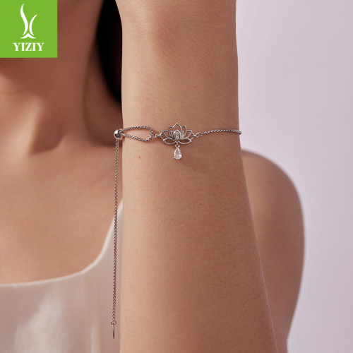 銀姿韻原創可調節蓮花抽拉繩手鏈小衆優雅s925純銀花朵手鏈