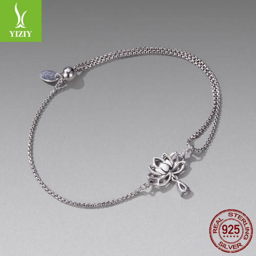 銀姿韻原創可調節蓮花抽拉繩手鏈小衆優雅s925純銀花朵手鏈