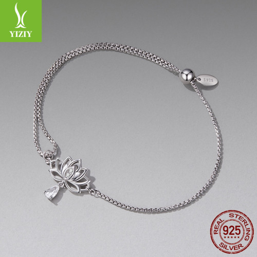 銀姿韻原創可調節蓮花抽拉繩手鏈小衆優雅s925純銀花朵手鏈