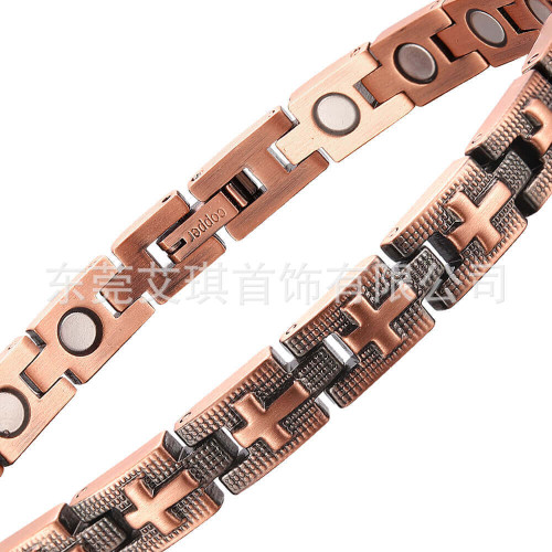 純紅銅手鏈復古時尚十字架磁療紅銅手鏈磁石紅銅手鏈