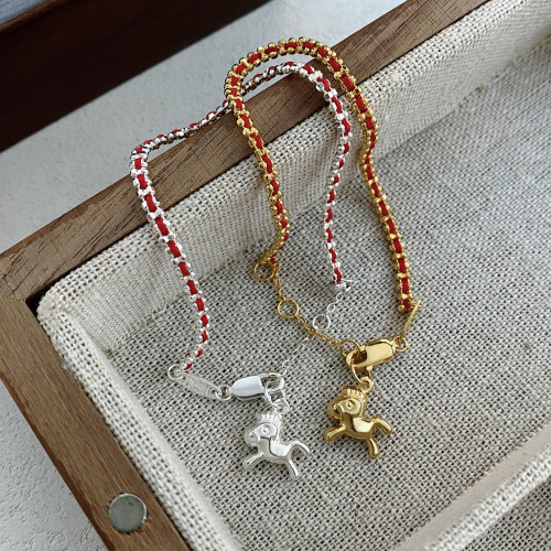 S925純銀新年氛圍感獨特小馬紅繩手鏈女簡約氣質本命年生肖手飾