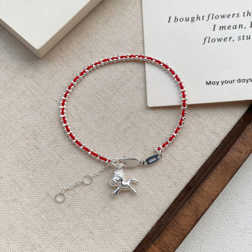 S925純銀新年氛圍感獨特小馬紅繩手鏈女簡約氣質本命年生肖手飾