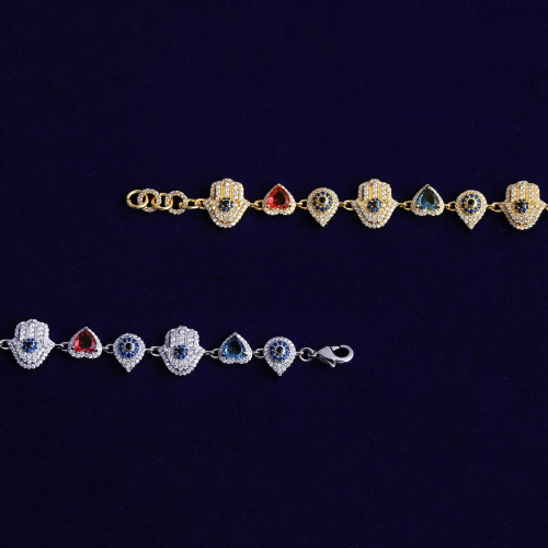 歐美彩色手掌眼睛手鏈銅鑲鋯石嘻哈個性時尚男女款嘻哈手鏈