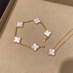 爆款幸運草V金花朵輕奢粉貝母手鏈厚鍍18K粉貝項鍊首飾
