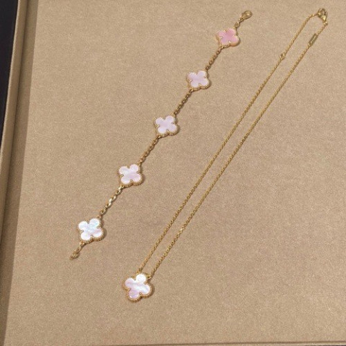 爆款幸運草V金花朵輕奢粉貝母手鏈厚鍍18K粉貝項鍊首飾