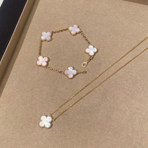 爆款幸運草V金花朵輕奢粉貝母手鏈厚鍍18K粉貝項鍊首飾