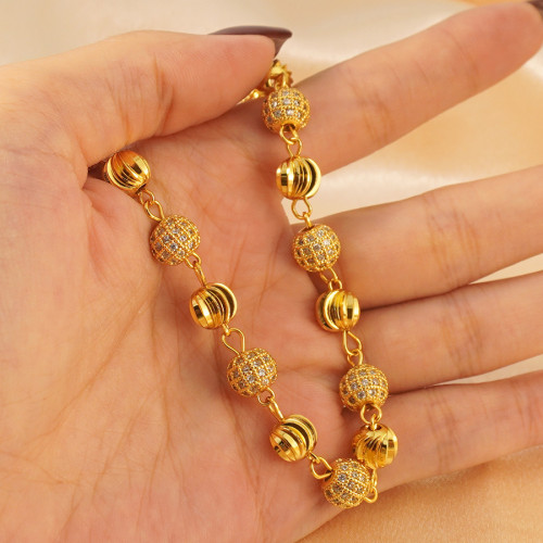 波西米亞圓珠女士時尚手鏈，24K鍍金鑲立方氧化鋯，優雅風格適
