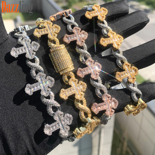 新款嘻哈8字無限鏈梯方十字架滿鑽手鏈男個性百搭高級感鋯石飾品