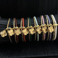 歐美爆款幸運四葉草歐美ins小衆高級銅厚鍍牛皮繩手鏈情侶飾品