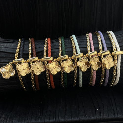 歐美爆款幸運四葉草歐美ins小衆高級銅厚鍍牛皮繩手鏈情侶飾品