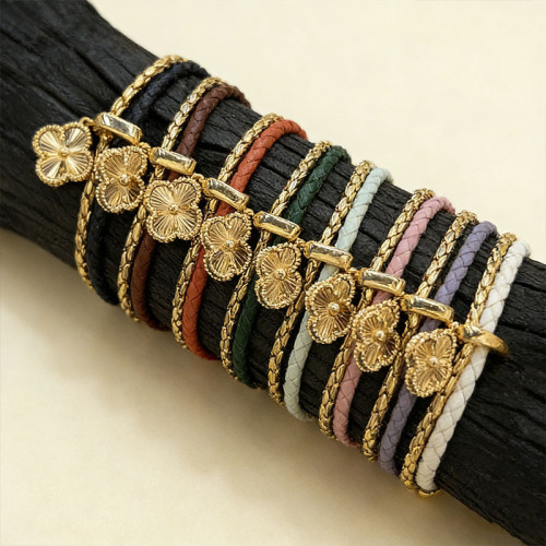 歐美爆款幸運四葉草歐美ins小衆高級銅厚鍍牛皮繩手鏈情侶飾品