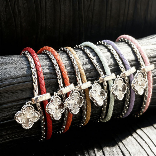 歐美爆款幸運四葉草歐美ins小衆高級銅厚鍍牛皮繩手鏈情侶飾品