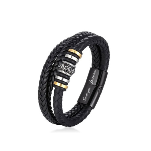 To My Son 不鏽鋼皮繩手鏈雷射刻字三層編織男士多層皮革手鏈