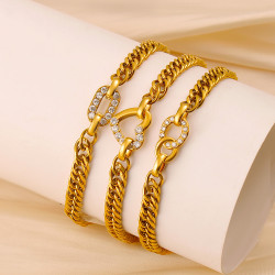 金色古巴鏈手鏈套裝愛心鎖釦圓環鑲鑽設計輕奢歐美風女士個性手飾