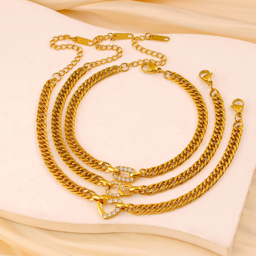 金色古巴鏈手鏈套裝愛心鎖釦圓環鑲鑽設計輕奢歐美風女士個性手飾