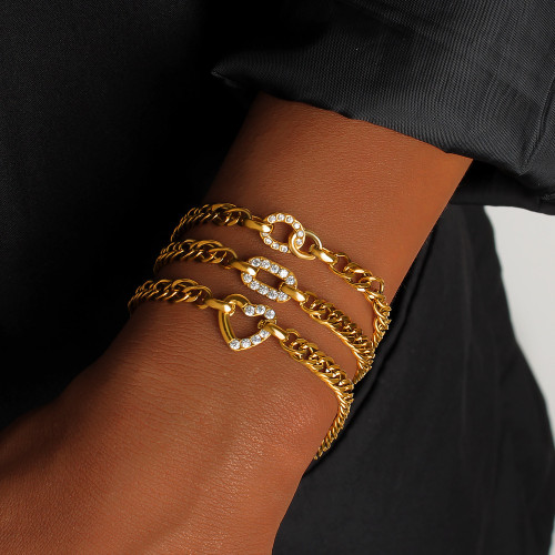 金色古巴鏈手鏈套裝愛心鎖釦圓環鑲鑽設計輕奢歐美風女士個性手飾