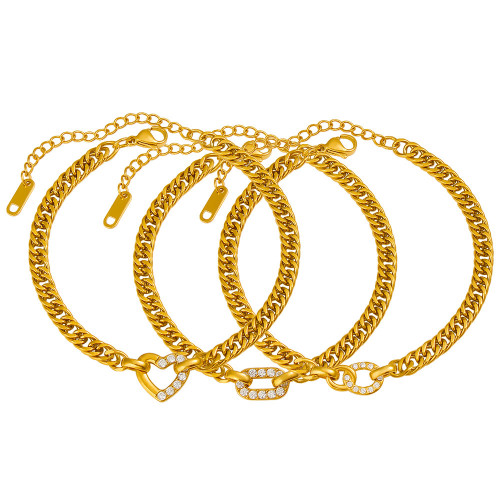 金色古巴鏈手鏈套裝愛心鎖釦圓環鑲鑽設計輕奢歐美風女士個性手飾