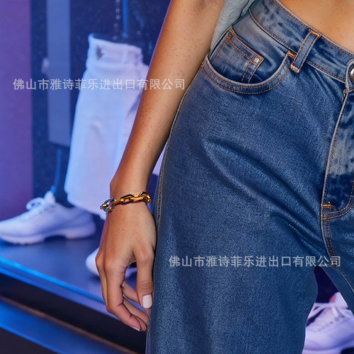 新款復古潮流雙色拼接鏈鋯石微鑲雙面滿鑽鈦鋼手鏈