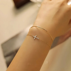 s925純銀鍍14K金經典鑲鑽十字架手鏈女時尚輕奢小衆細款曡帶手飾