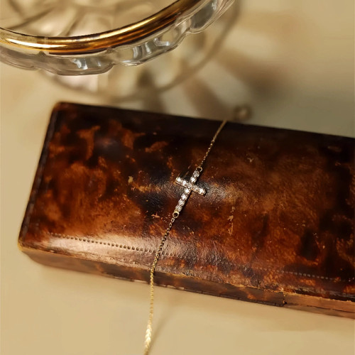 s925純銀鍍14K金經典鑲鑽十字架手鏈女時尚輕奢小衆細款曡帶手飾