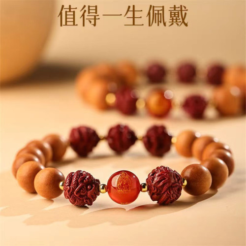 野生老桃木手串女硃砂三合六合木質手鏈男龍年本命年護身符寓意