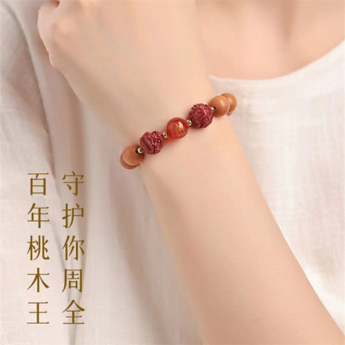 野生老桃木手串女硃砂三合六合木質手鏈男龍年本命年護身符寓意