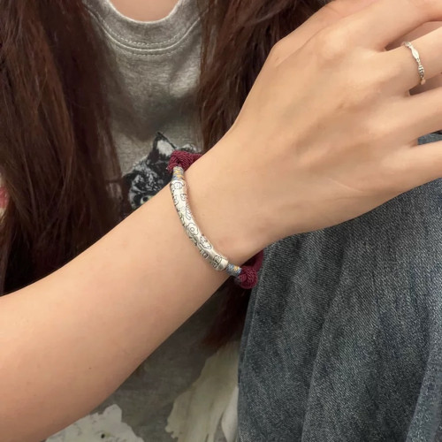 足銀999吉言彎琯手鏈情侶手繩本命年手鏈時尚百搭小衆男女手飾禮 足銀999吉言彎琯手鏈情侶手繩本命年手鏈時尚百搭小衆男女手飾禮