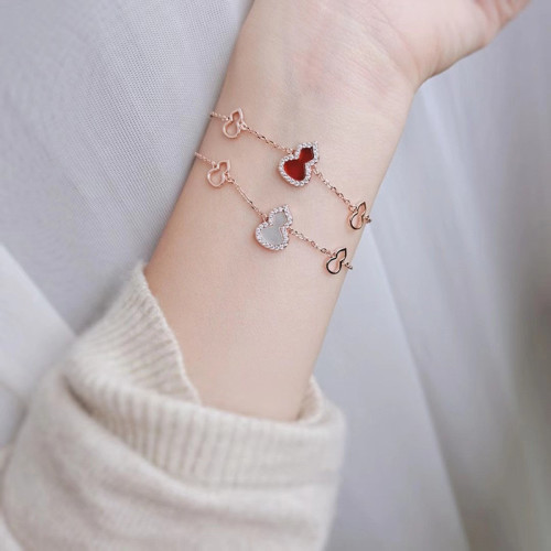 鍍真金強保色滿鑽白貝母葫蘆手鏈女國風氣質天然紅瑪瑙葫蘆手飾