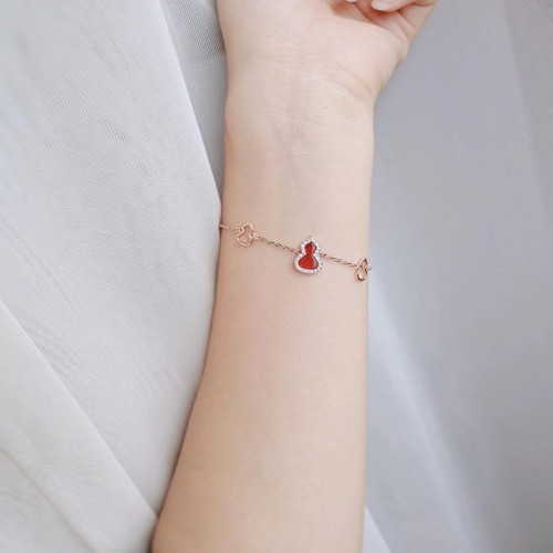 鍍真金強保色滿鑽白貝母葫蘆手鏈女國風氣質天然紅瑪瑙葫蘆手飾