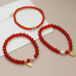 天然紅瑪瑙手鏈女本命年新款手串新年手飾高級感珍珠手飾品