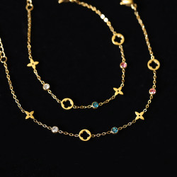 SL106 老錢風彩鑽四葉花 輕奢鏤空花朵唯美手鏈 鈦鋼鍍18K金