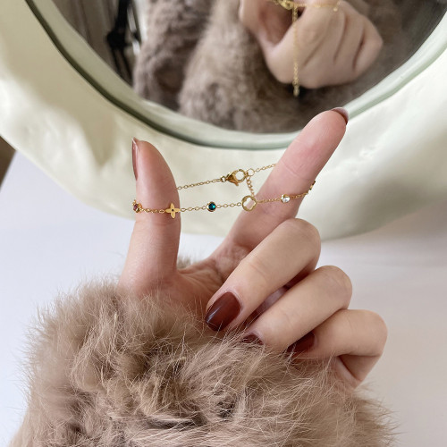 SL106 老錢風彩鑽四葉花 輕奢鏤空花朵唯美手鏈 鈦鋼鍍18K金