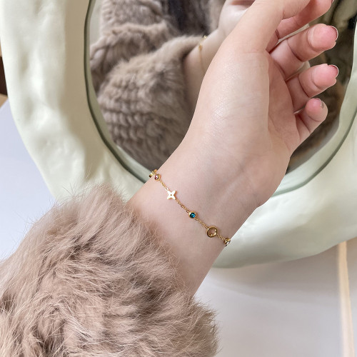 SL106 老錢風彩鑽四葉花 輕奢鏤空花朵唯美手鏈 鈦鋼鍍18K金