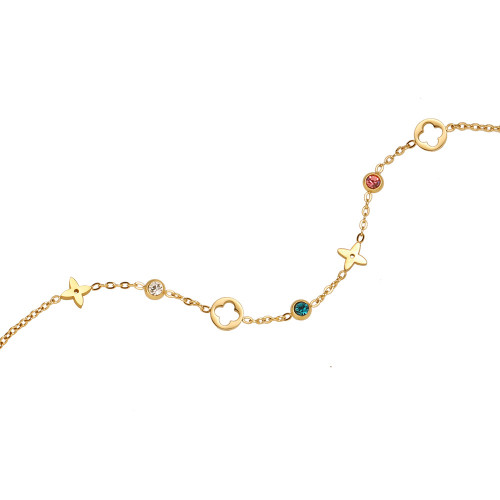 SL106 老錢風彩鑽四葉花 輕奢鏤空花朵唯美手鏈 鈦鋼鍍18K金