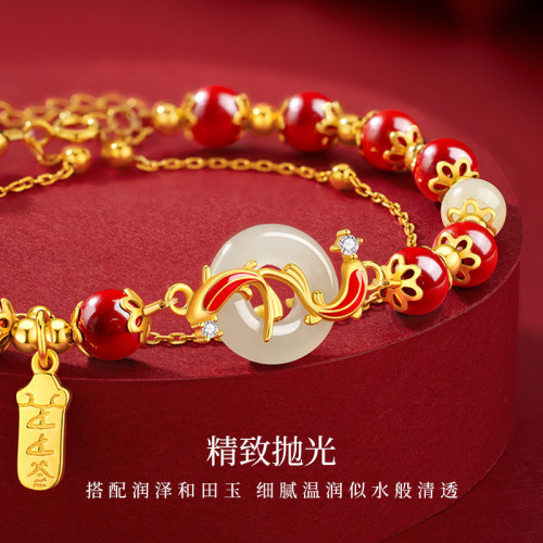 國潮錦鯉平安釦手鏈女新中式仿和田玉紅瑪瑙考研上岸禮物