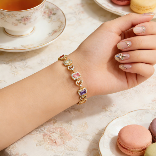爆款方形彩色鋯石手鏈銅鍍金輕奢高級感百搭滿鑽時尚手鏈女
