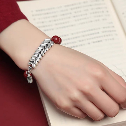 天然原礦硃砂手串女高含量紫金砂純銀麥穗本命年嵗嵗平安手鏈