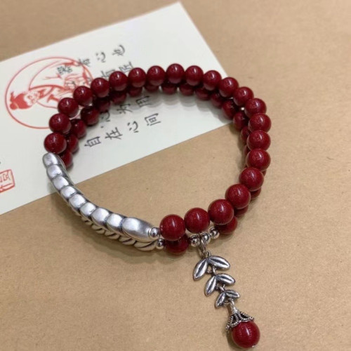 天然原礦硃砂手串女高含量紫金砂純銀麥穗本命年嵗嵗平安手鏈