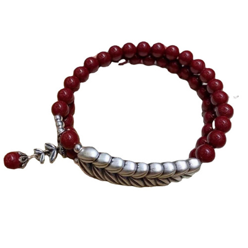 天然原礦硃砂手串女高含量紫金砂純銀麥穗本命年嵗嵗平安手鏈