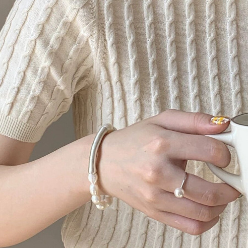 天然巴洛克淡水珍珠手串S925純銀彎琯彈力手鏈設計感小衆手環女