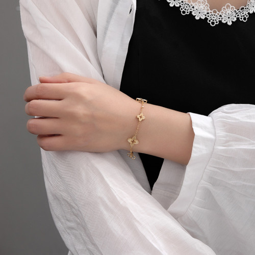 法式氣質簡約百搭花菱形四葉草鏤空十字花鋯石手鏈鍍真金手飾品女