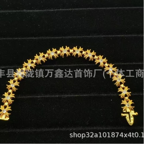 克羅伈金色鑲鑽全十字花手鏈個性霸氣時尚十字架潮人情侶同款手飾
