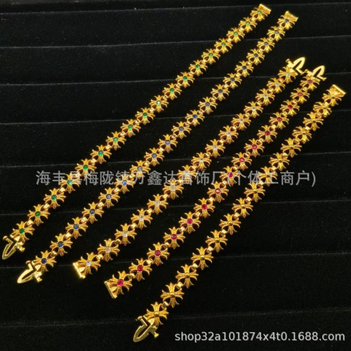 克羅伈金色鑲鑽全十字花手鏈個性霸氣時尚十字架潮人情侶同款手飾