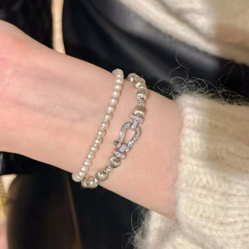 復古鑲鑽貓眼馬蹄釦手鏈女中古風小衆彈力繩手飾手串鏈條貓眼石