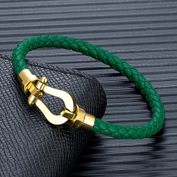 不鏽鋼馬蹄釦編織皮革手鏈 金屬電鍍工藝 多色潮流男女手環