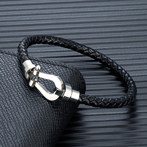 不鏽鋼馬蹄釦編織皮革手鏈 金屬電鍍工藝 多色潮流男女手環